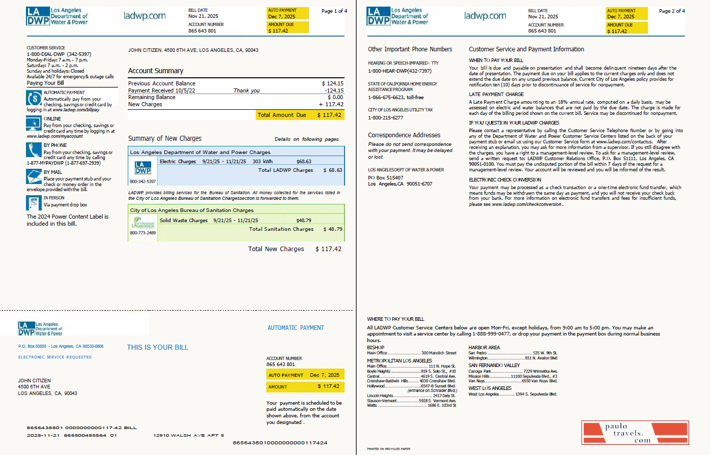 USA LA DWP utility bill template in Word and PDF formats, 4 pages, version 2, 1 2 pages
